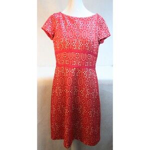 Maggy London Womens Red Eyelet Lace A-Line Dress Size 8 Short Sleeve Lined Flowy